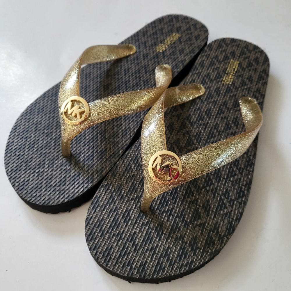 Michael Kors Jinx flip flops sandals Brown golden Womens size 7 9 10 11